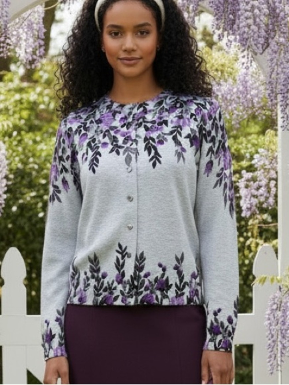 Vintage Women’s Floral Cascade Crewneck Cardigan  Light Gray & Purple - Petite S